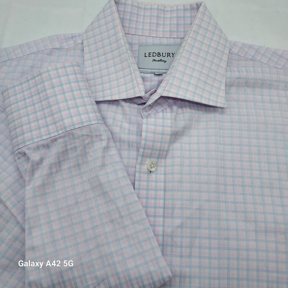 Ledbury Tailored Fit Plaid Dress Shirt Mens Size 16 Pink Blue White‎